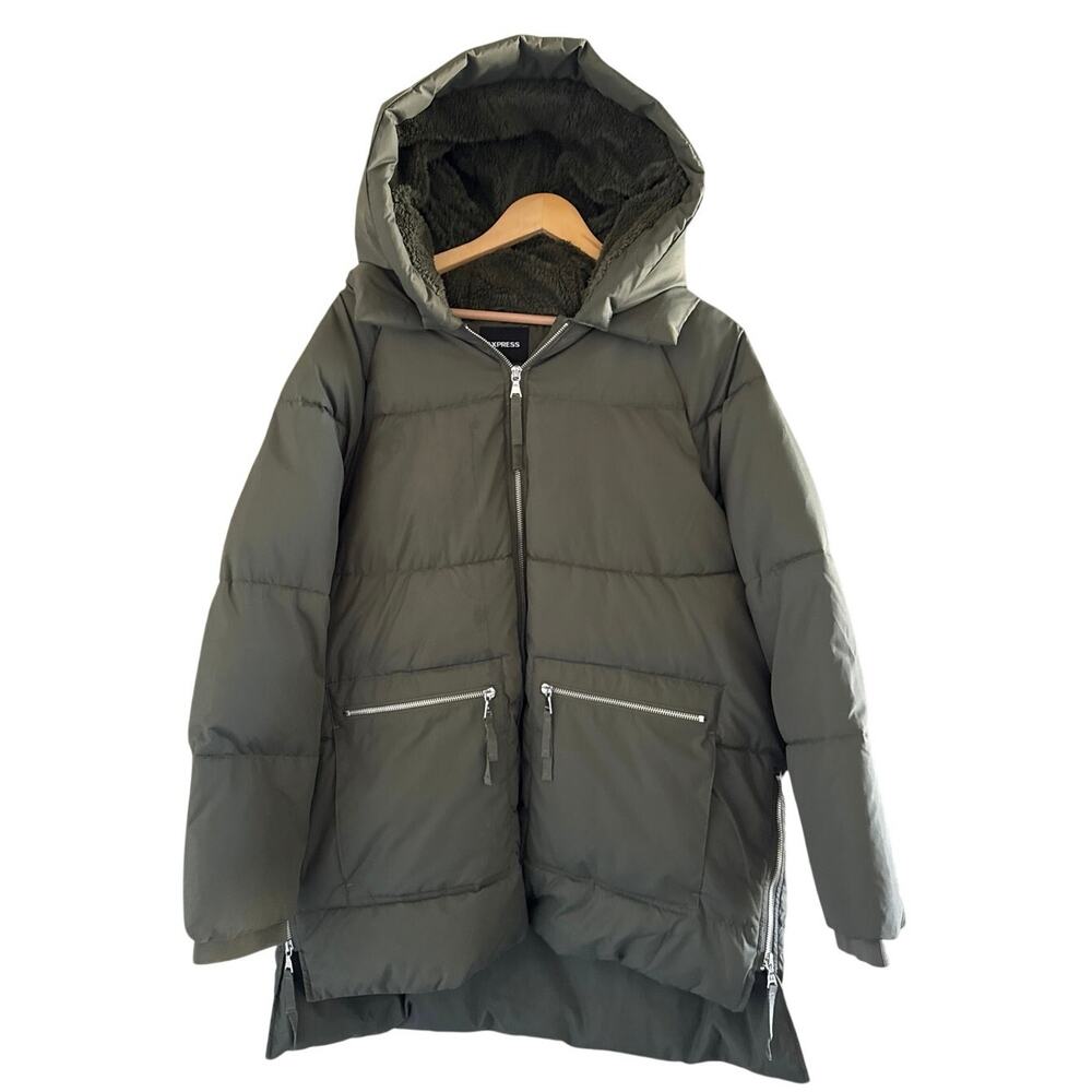 Express Womens Puffer Coat with Hood | Size Large in Olive Green *EUC